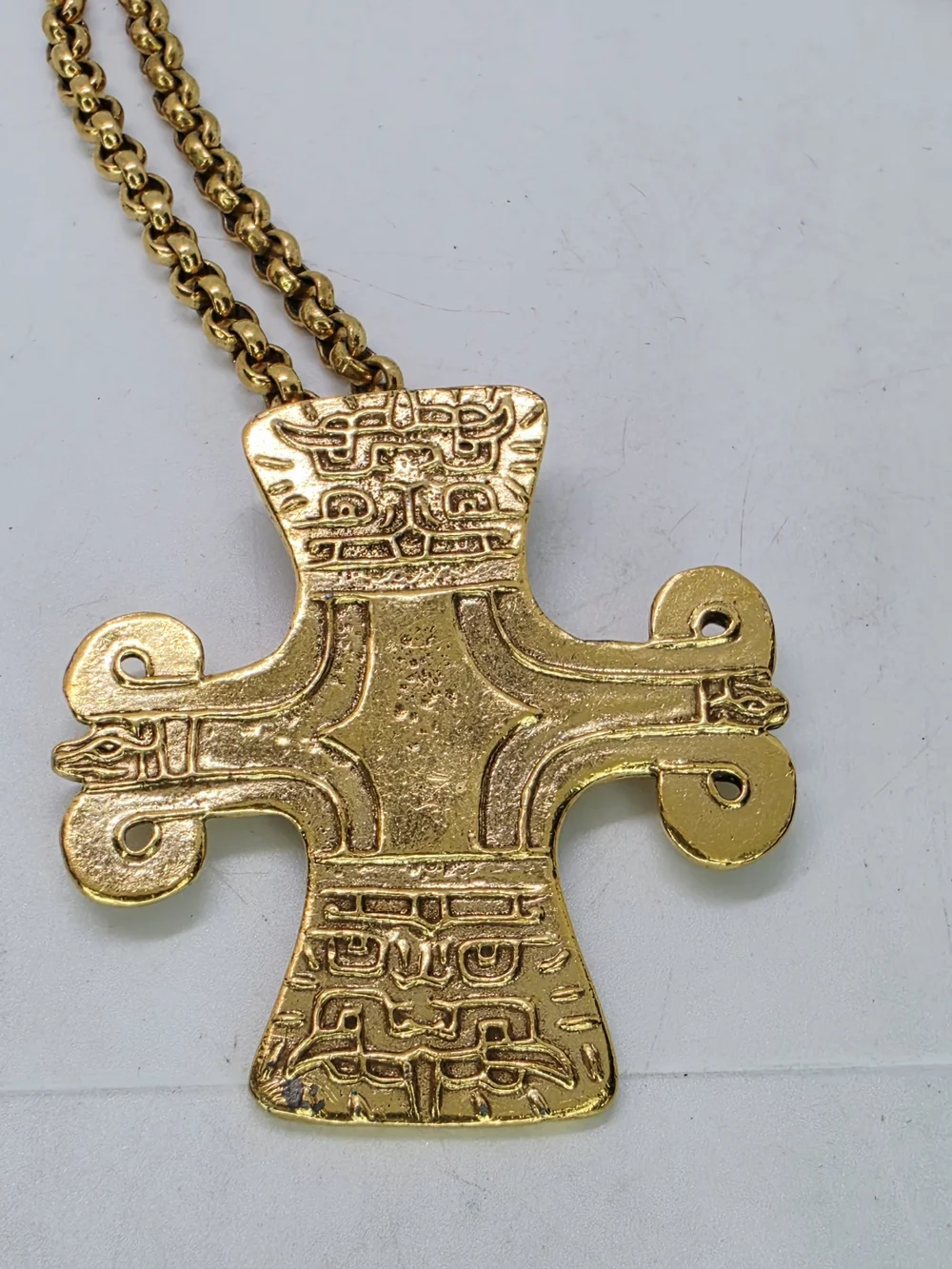 Vintage MMA Peruvian Chavin Cross Pendant Chain Necklace Zoomorphic Gold Tone